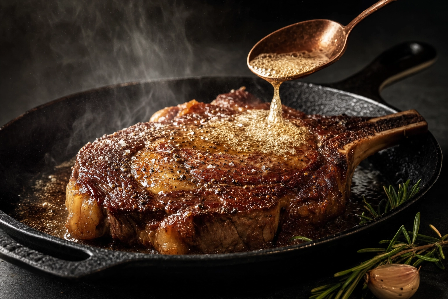 Ribeye steak in a cast-iron pan, butter basted on the grill